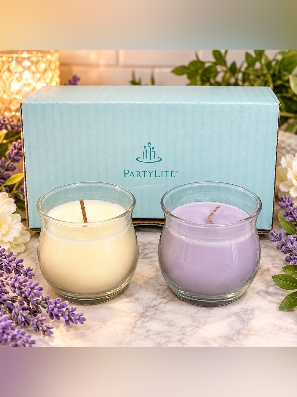 🕯️ NIB PartyLite 2-Piece Candle Set – Lavender & Cream – Original Box